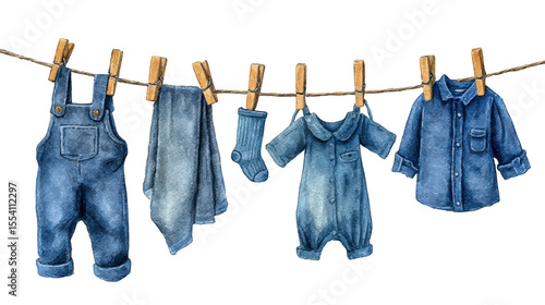 Watercolor illustration of baby clothes hanging on a clothesline, isolated on transparent background