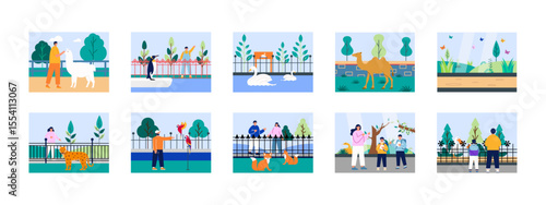 Zoo park illustrations set. Flat vector illustration concept.