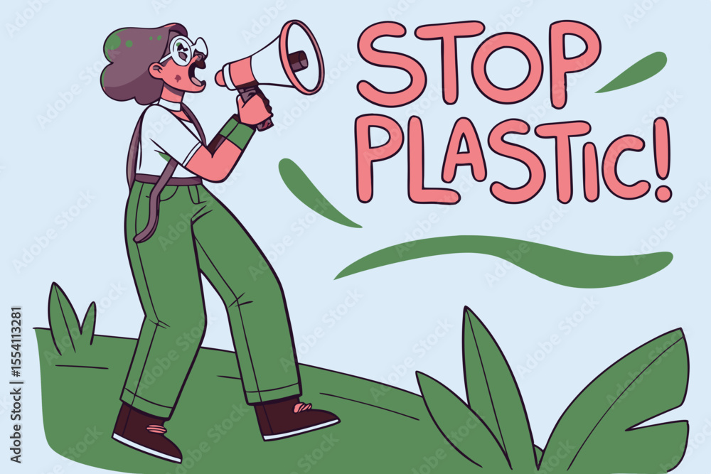 Fototapeta premium Eco activist with megaphone passionately shouting Stop Plastic in a flat illustration style, surrounded by minimal greenery and vibrant colors, promoting environmental awareness and sustainability