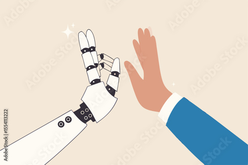 Working together with AI Artificial Intelligence, human cooperate with machine or robot, AI help or support coworker, assistance or partnership concept, businessman hand high five with robot hand.