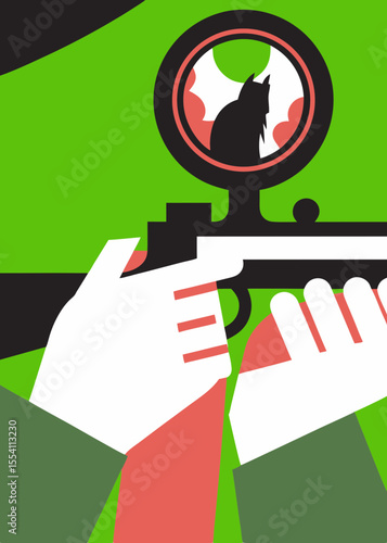 Poacher's hands gripping rifle, wild animal reflected in scope, showcasing tension and danger in a vivid illustration of wildlife conflict and ethical dilemmas