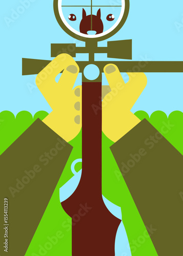 Poacher's hands gripping rifle, wild animal reflected in scope, surrounded by lush greenery, capturing tension and danger in a moment of impending action