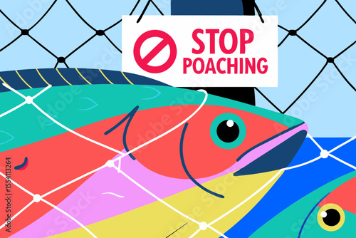 Sad fish caught in a net with a tear in its eye, surrounded by vibrant colors and a prominent Stop Poaching sign, conveying a strong message about marine conservation
