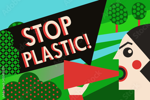 Eco activist shouting Stop Plastic! through megaphone in flat illustration style, vibrant colors, minimal background, promoting environmental awareness and sustainability message