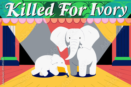 Elephant mother stands protectively over her calf's lifeless body in a stylized dramatic scene, conveying the tragic impact of poaching for ivory in a poignant visual narrative