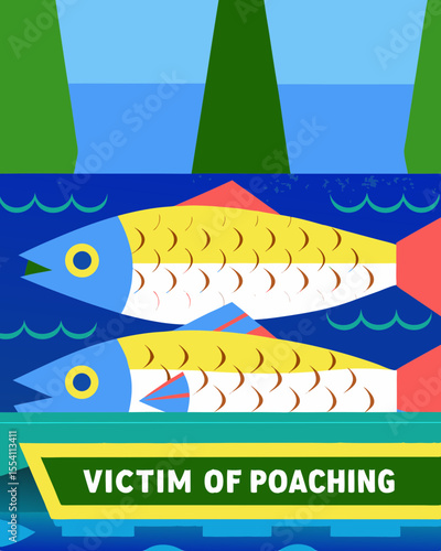 Stylized fish with scars and broken fin swimming in a vibrant ocean scene, highlighting the impact of poaching on marine life and the need for conservation efforts