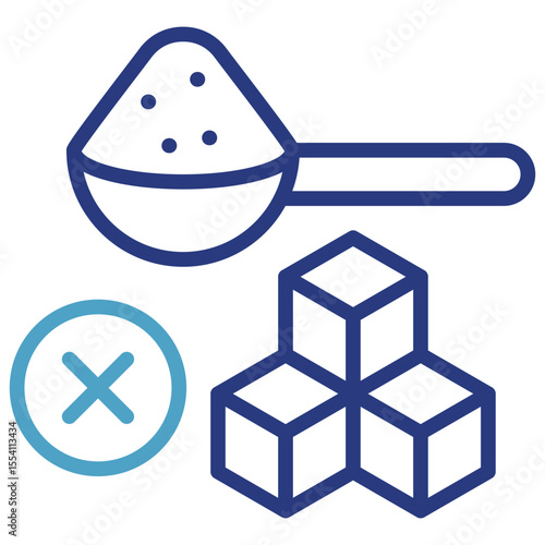 The glyph line dual tone icon warning of excessive sugar content is shown with three cubes or something related to sweetness