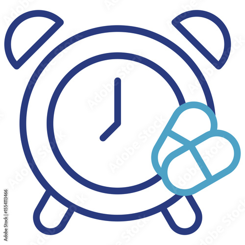 The glyph dual tone line icon of a clock and a medicine capsule shows the concept of conveying messages regarding time, schedule, and intervals in taking medicine.