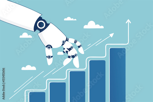 Rise of AI artificial intelligence, innovation technology to develop growth, success or progress, automation or AI for marketing and financial business concept, robot hand walk up growth graph.