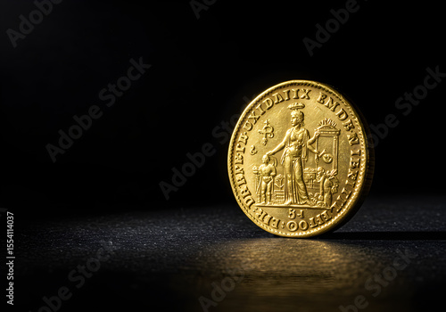 Gold Coin with Angel Figure on Black Background | Antique Currency for History, Finance and Investment Concepts