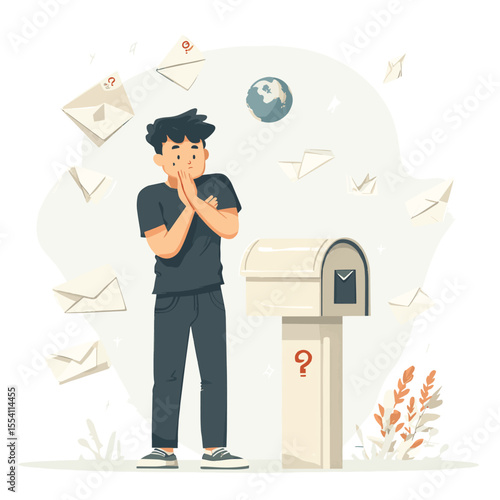 A confused person standing near a mailbox with alert icons, paper planes, and a globe on a light background, symbolizing email delivery issues