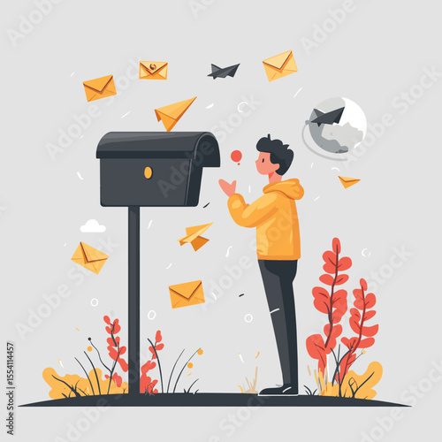 A confused person standing near a mailbox with alert icons, paper planes, and a globe on a light background, symbolizing email delivery issues