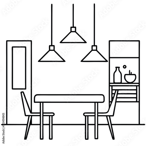 Modern minimalist dining area illustration featuring a table chairs pendant lights and a side cabinet with decorative items