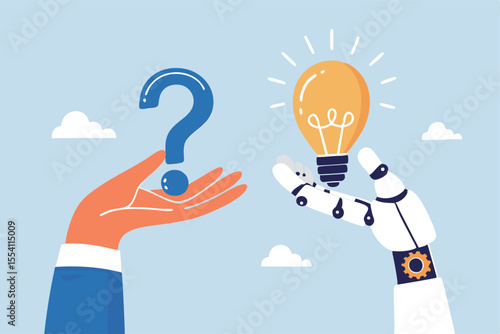 Artificial intelligence AI to help solve problem, chatbot or machine learning to answer hard question, assistance service, technology to help concept, human hand with question mark and AI answer.