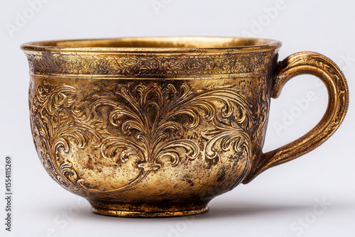 antique old gold cup decorated with intricate designs and carvings on a white background