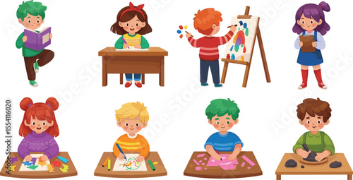 Cartoon kids doing art, drawing, painting, reading, sculpting, cutting paper, classroom activity