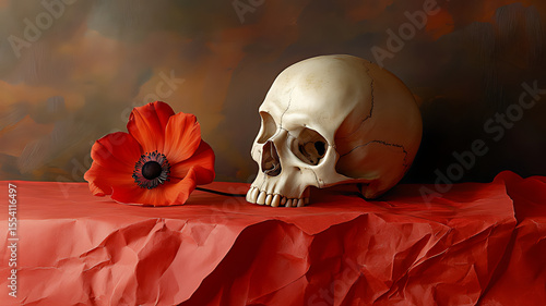 Gothic still life skull and red rose on dark fabric with soft light and dark romanticism aesthetic ,Skull and Rose, vector, vector art ,

