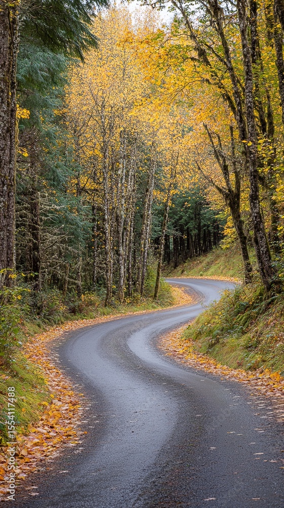 Obraz premium A scenic road winding through a forest in fall.