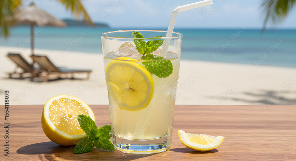 Fototapeta premium Refreshing Lemonade on a Tropical Beach in Summer