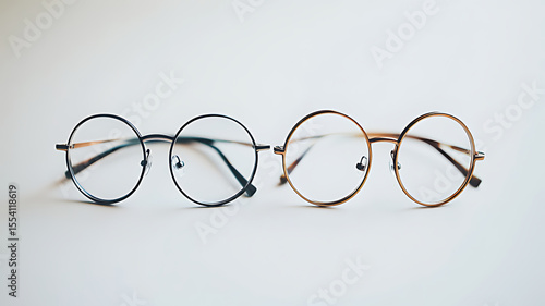 image of eyeglasses on white background, Top view of vintage glasses on white background desk for mockup, collection of diverse angle

