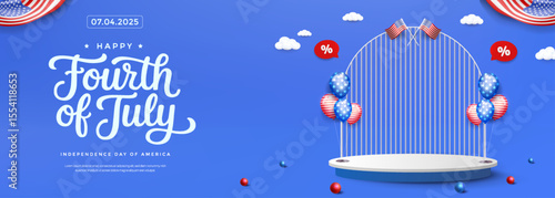 Fourth of July Celebration with Balloons, Flags, and Decorative Background