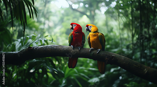 Parrots in a Rainforest: A pair of brightly colored parrots perched on a tree branch in a lush, green rainforest, a colorful parrot sitting on a branch in a jungle
