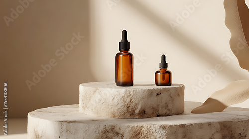 Skincare packaging concept. Dropper bottles mockup on beige background ,Minimalist image of a small brown dropper bottle on a textured stone block casting a shadow on a beige background.

