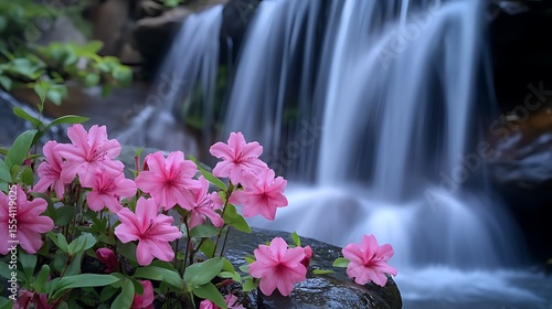 Scenery with purple flowers against waterfall, Beceite, Teruel Province, Spain, a blooming plum tree adorned with delicate flowers, standing resilient in the rain, against a backdrop of blurred dark 
