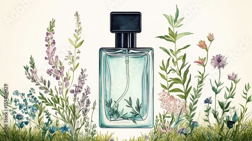 A rectangular bottle of perfume surrounded by wildflowers.