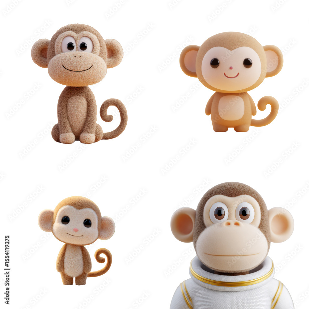 Fototapeta premium Four cute cartoon monkeys: fluffy monkey, simple monkey, baby monkey, monkey astronaut