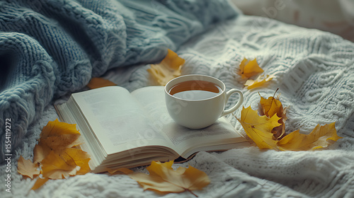 Peaceful morning scene with tea, flowers, and a book, Relaxing winter morning with breakfast tray on bed, surrounded by cozy textiles and soft lighting, Cozy Tea Time, Mug with Sieve and Colorful,

