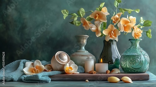 Spa still life, Traditional Herbal Medicine Arrangement Featuring Healing Stones, Jars, and Candles for Natural Wellness and Holistic Practices in a Serene Setting, Spa scene with white orchids, 

