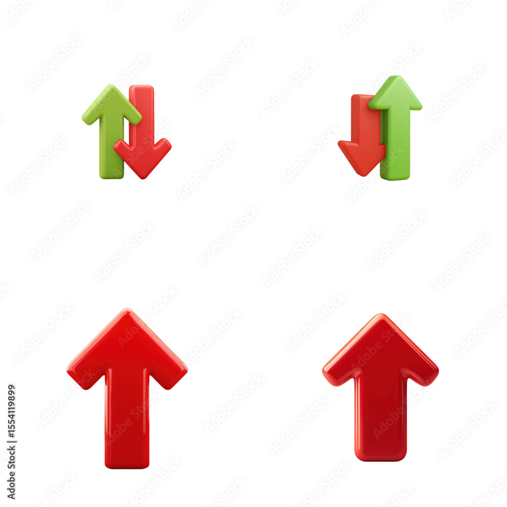 Red and Green Arrows, Growth, Direction, Up and Down, 3D Rendered Red and Green Arrows, Growth, Direction, Up and Down, 3D Rendered