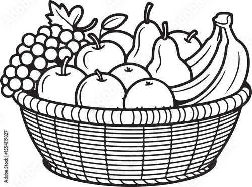 fruit basket silhouette filled with assorted fruits, vector black and white illustration