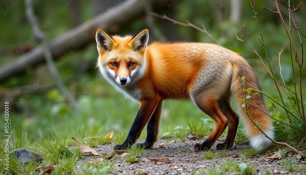 Fototapeta premium A red fox stands alertly in a vibrant forest, looking directly at the viewer with striking eyes.