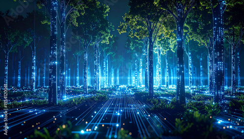 A digital forest at night, glowing blue data streams illuminate trees and pathways, creating a surreal, futuristic scene of nature and technology merging