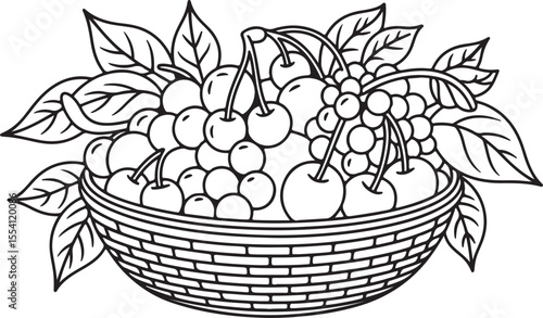 fruit basket silhouette filled with assorted fruits, vector black and white illustration