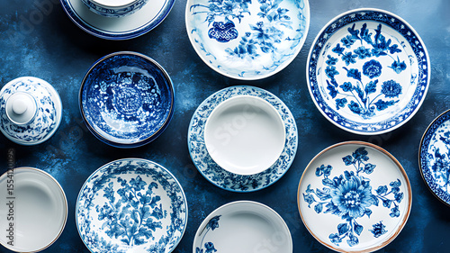 A set of empty Asian-style dishes, adorned with intricate blue ornaments, is elegantly displayed from a top-down perspective, Decorative Vintage Plates in Blue and White Patterns on White Surface
