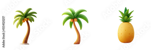 Tropical fruits: and palm tree cartoon 3d render on png background