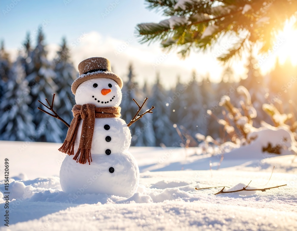 Fototapeta premium Snowman in snowy forest at sunrise