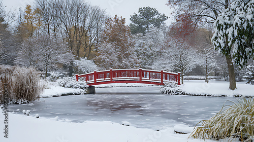 Wooden bridge over snowy lake with winter trees, Serene Winter Landscape with Snow-Covered Bridge and Pine Trees. Discover the beauty of winter with this tranquil scene featuring a snow-covered bridg
