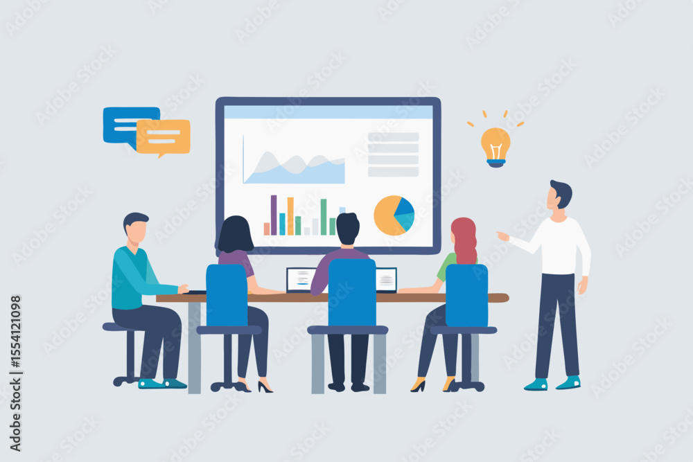 Business meeting illustration with team discussing data and brainstorming ideas in a conference room Business meeting illustration with team discussing data and brainstorming ideas in a conference room