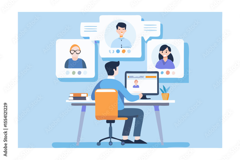 Man in online meeting with colleagues working from home remote work and communication Man in online meeting with colleagues working from home remote work and communication