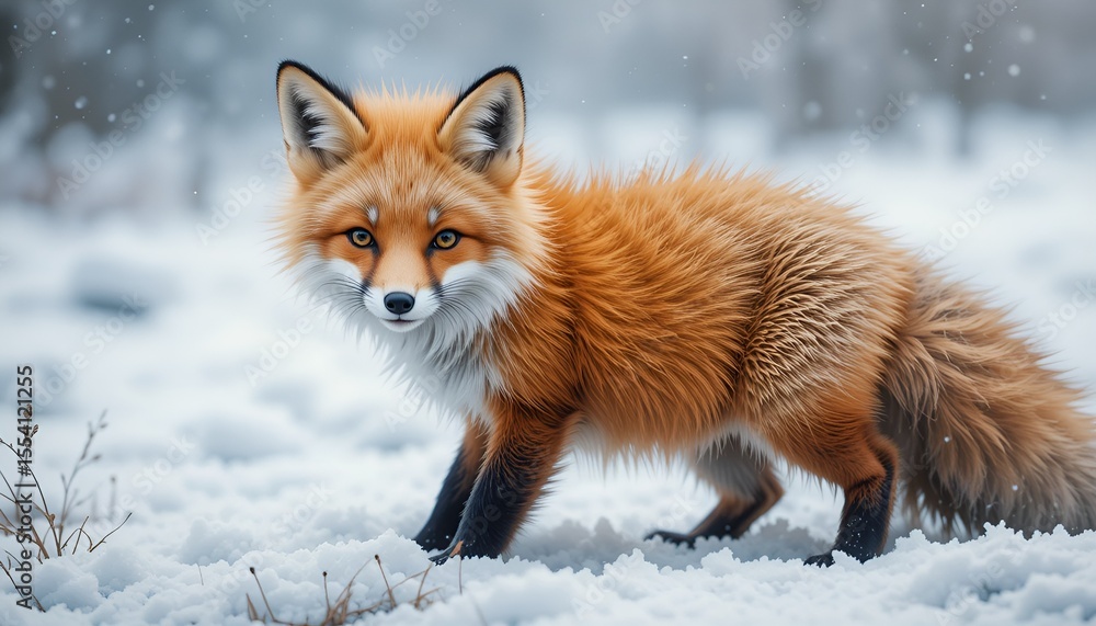 Fototapeta premium A curious red fox stands alertly in the snow, its amber eyes piercing through the winter haze.