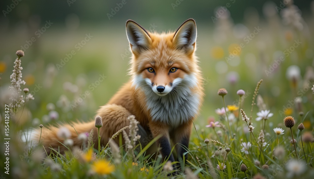 Fototapeta premium Fox with captivating golden eyes sits amidst a wildflower meadow, its fur glowing in soft light.