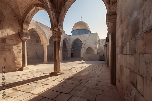 Sunlit Interior of Historic Building with Arched Doorways and Tiled Walls, Ancient Mosque Courtyard - Architectural Masterpiece

