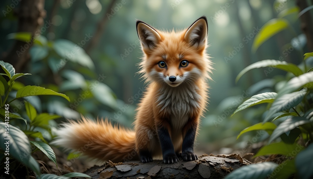 Obraz premium A charming fox kit sits alertly on a log amidst a lush, verdant forest backdrop, captivatingly cute