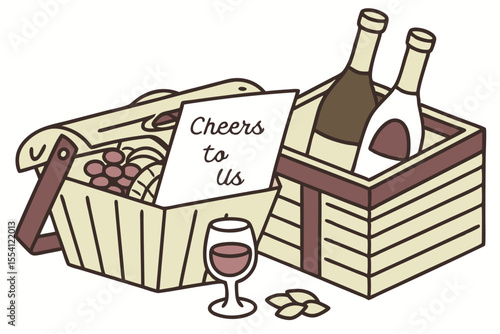 Gourmet food and wine hamper with decorative elements and festive accents