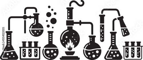 A black silhouette illustration of various laboratory glassware and equipment, including flasks, test tubes, and a Bunsen burner, depicting a chemistry experiment setup.
