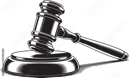 A legal gavel rests on its sound block, depicted in a classic black and white illustration style.